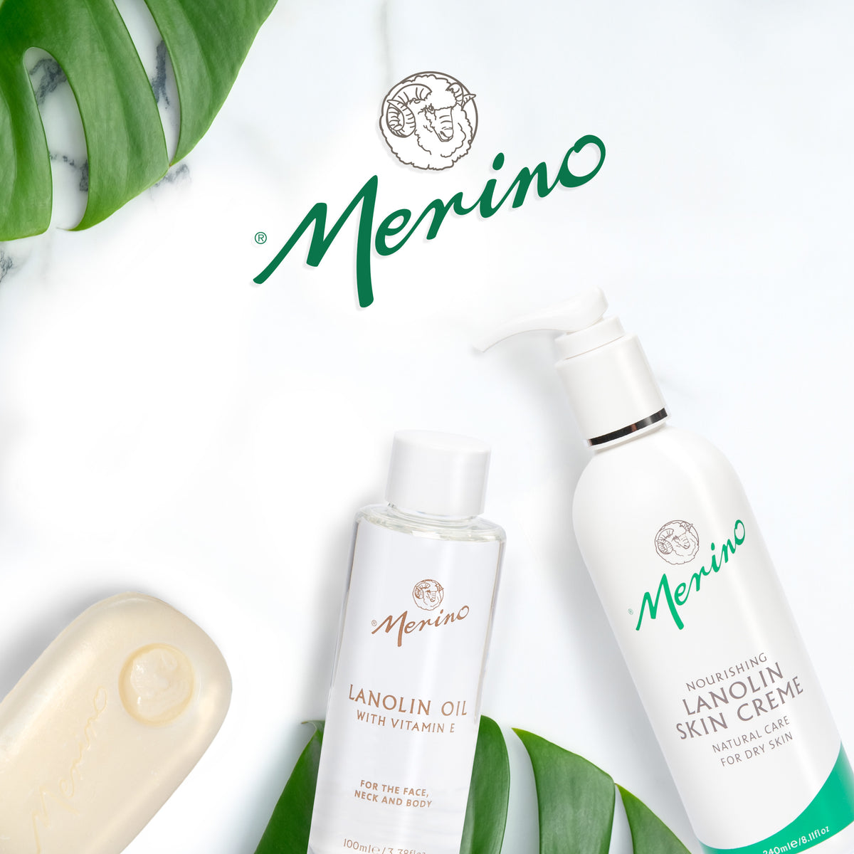 Merino Skincare | Lanolin Product banner with soap Lanolin oil and skin cream.