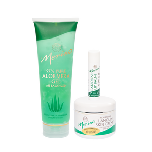 Merino Skincare trio- Aloe Vera Gel -Hypoallergenic Lanolin skin cream- spf30 Lanolin lip balm