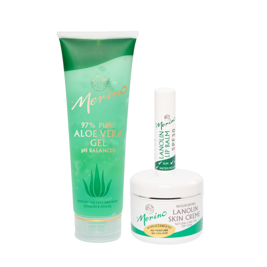 Merino Skincare trio- Aloe Vera Gel -Hypoallergenic Lanolin skin cream- spf30 Lanolin lip balm